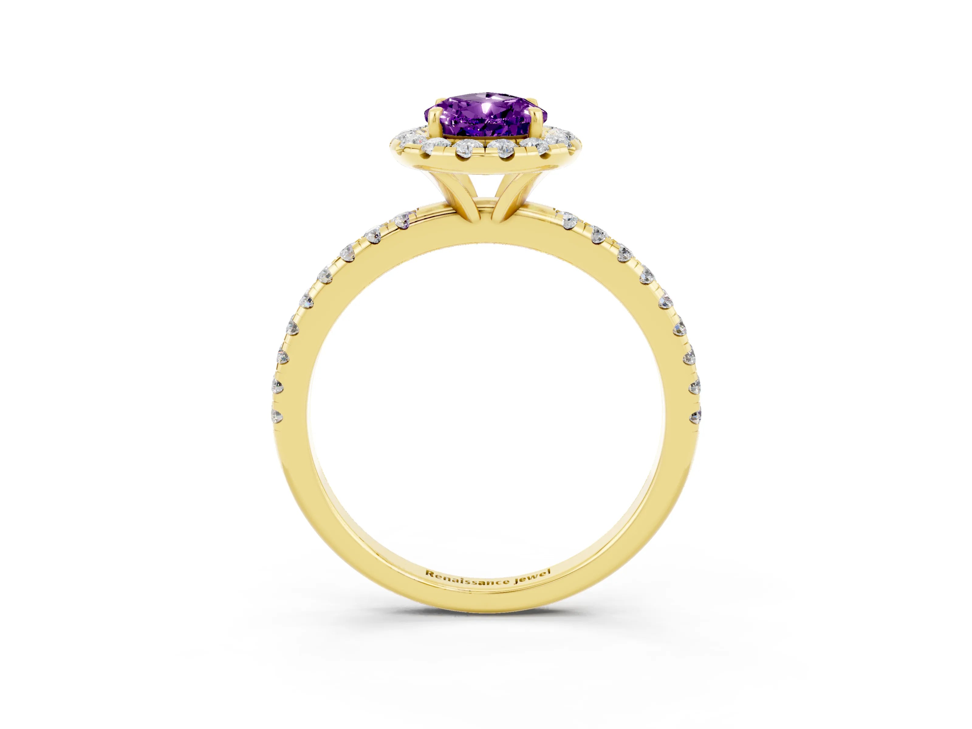 Yellow gold Pear Cut Halo Round Diamond Pavé Band Four-Prong Ring_15