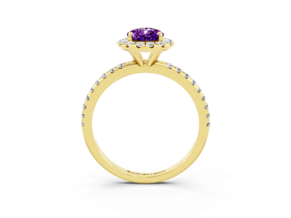 Yellow gold Pear Cut Amethyst Halo Ring with Round Pavé Band and Prong Setting