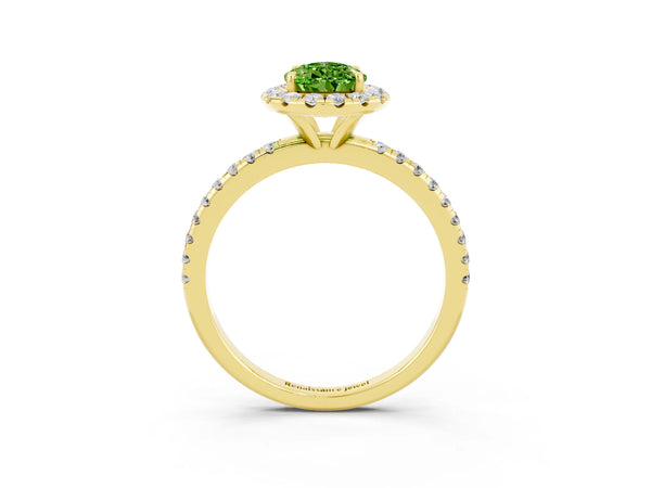 Yellow gold Pear Cut Halo Round Diamond Pavé Band Four-Prong Ring
