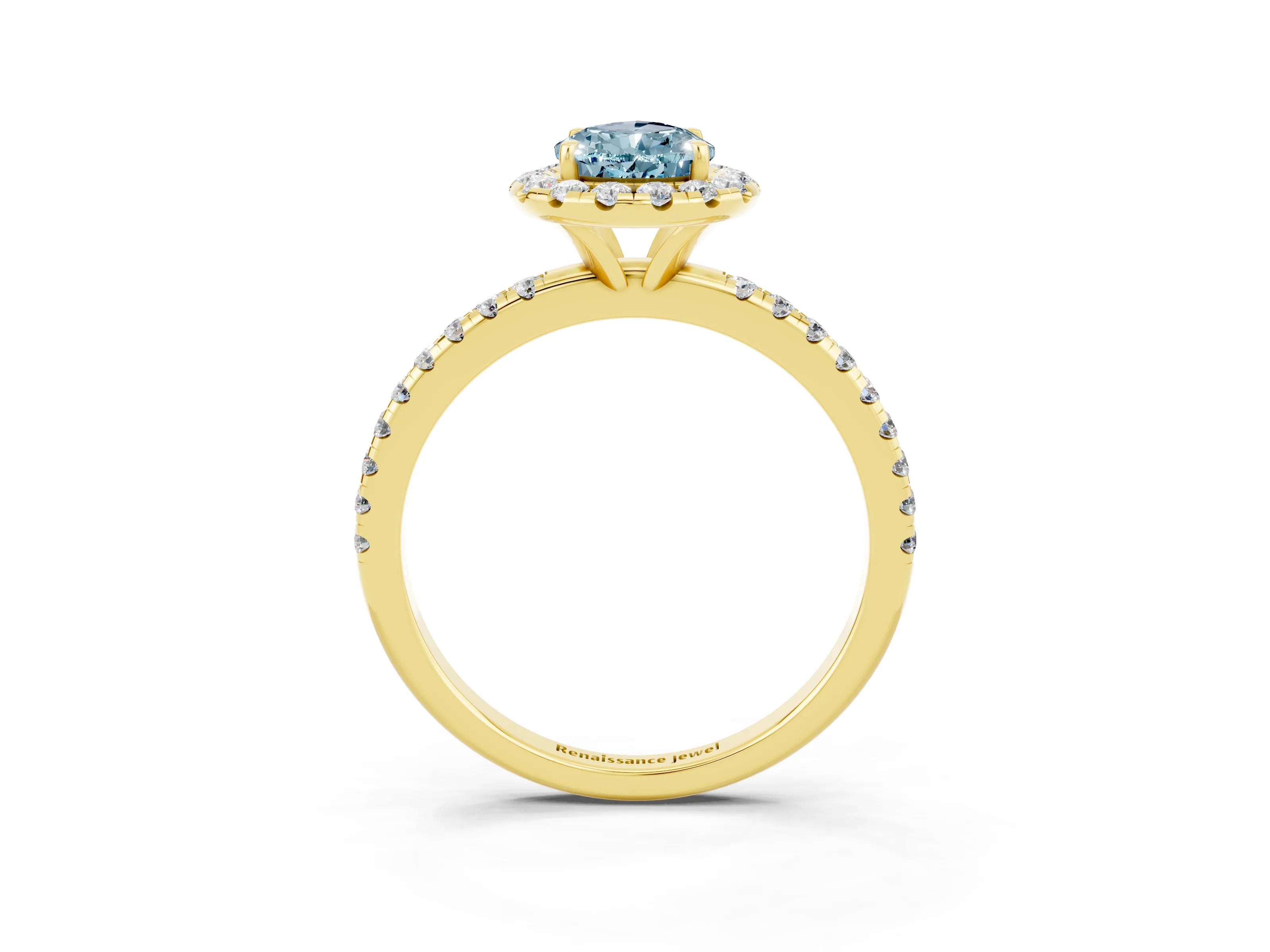 Yellow gold Pear Cut Halo Round Diamond Pavé Band Four-Prong Ring_15