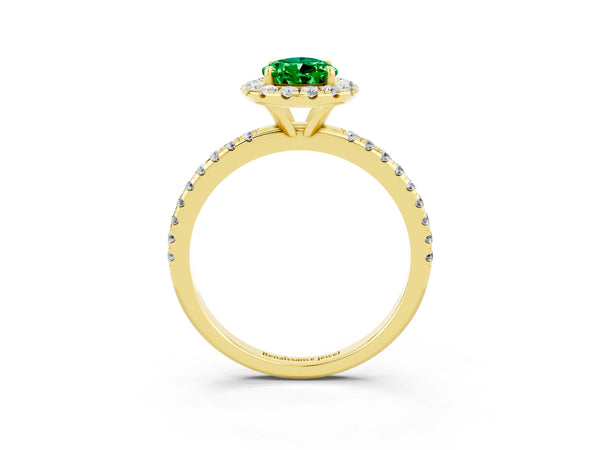 Yellow gold Pear Cut Emerald Halo Ring with Round Pavé Band and Prong Setting
