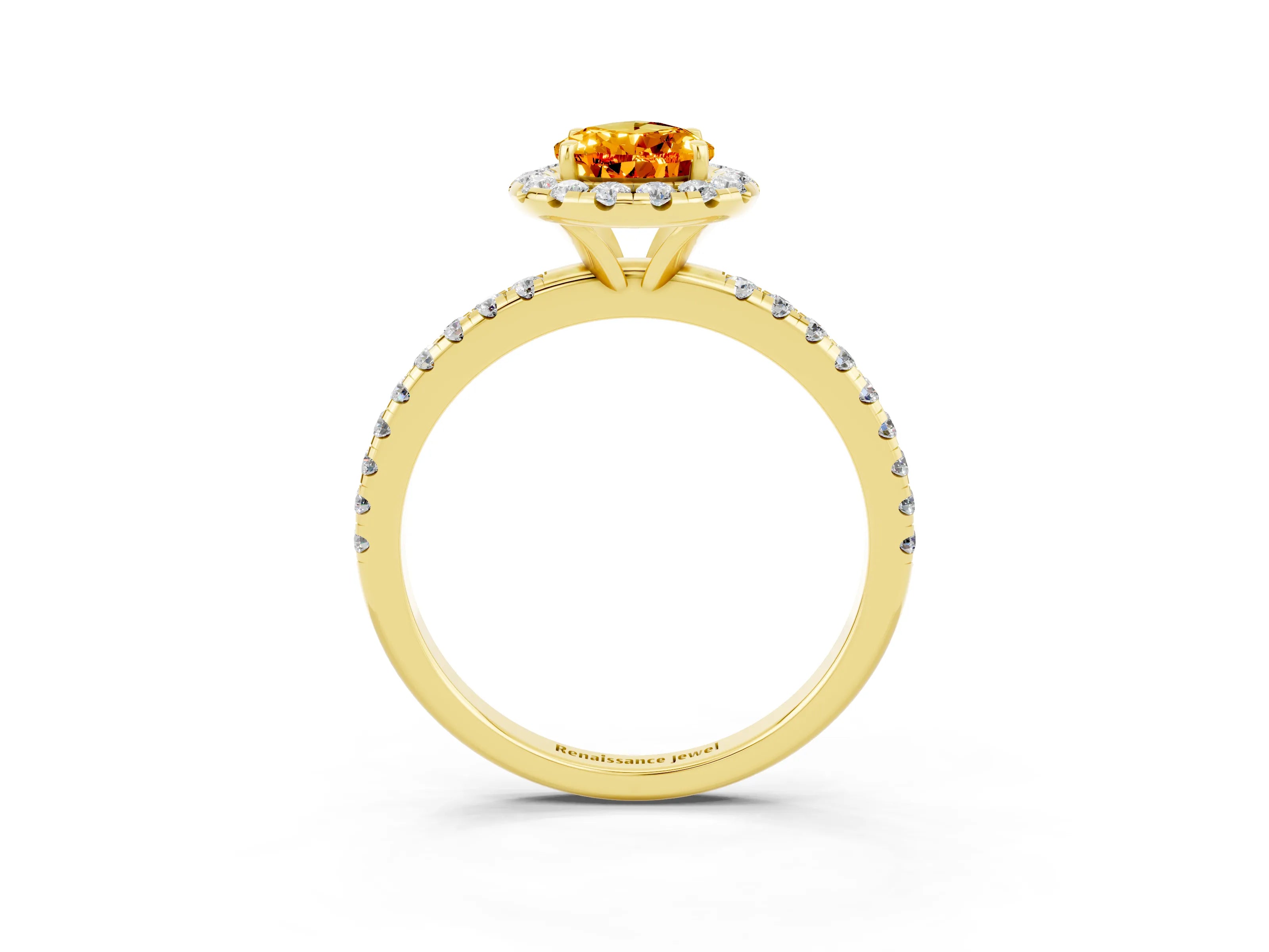 Yellow gold Pear Cut Halo Round Diamond Pavé Band Four-Prong Ring_15