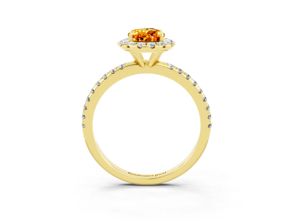 Yellow gold Pear Cut Citrine Halo Ring with Round Pavé Band and Prong Setting