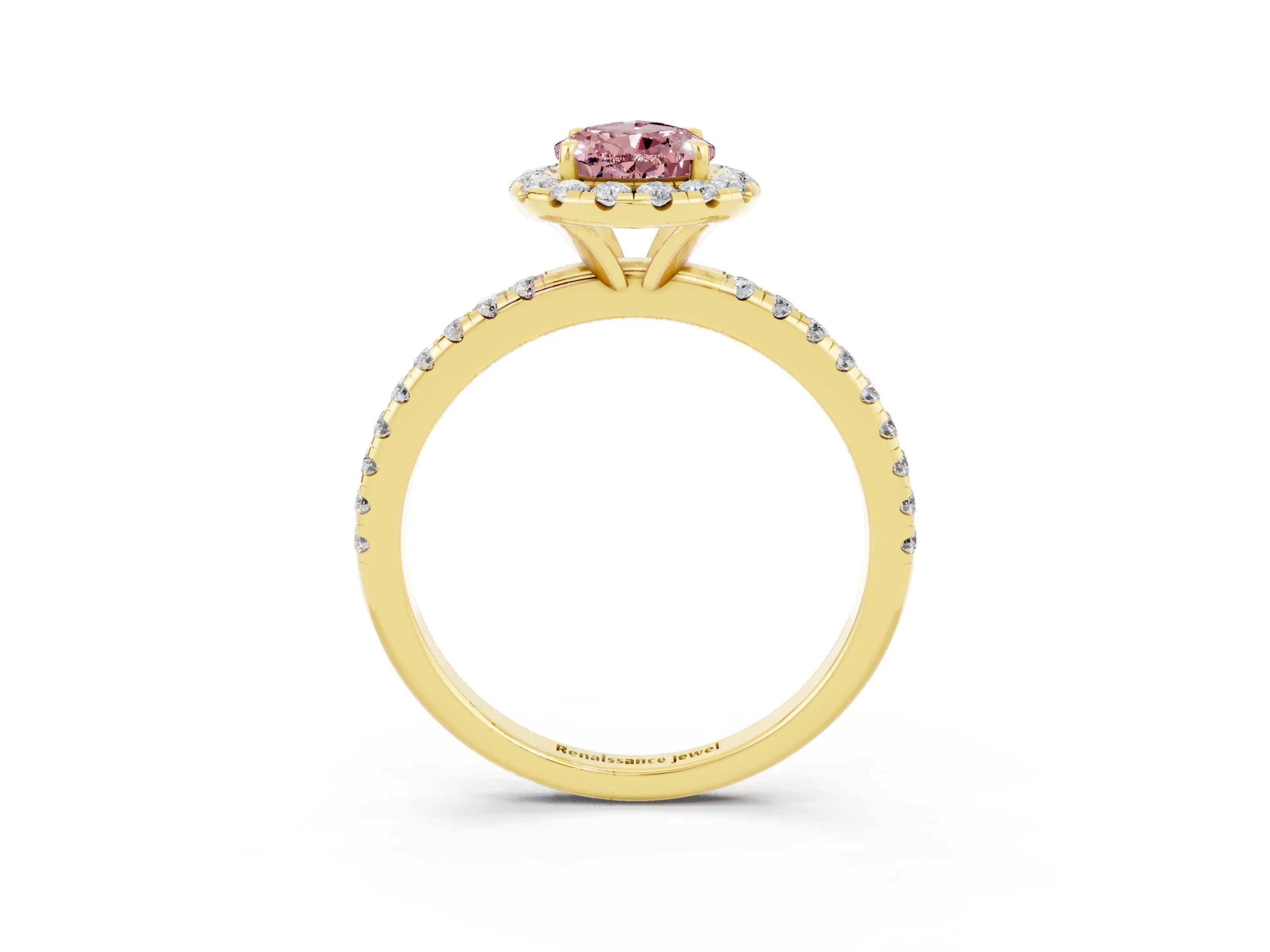 Yellow gold Pear Cut Halo Round Diamond Pavé Band Four-Prong Ring_15