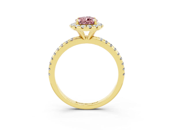 Yellow gold Pear Cut Halo Round Diamond Pavé Band Four-Prong Ring