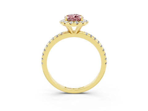 Yellow gold Pear Cut Halo Round Diamond Pavé Band Four-Prong Ring_15