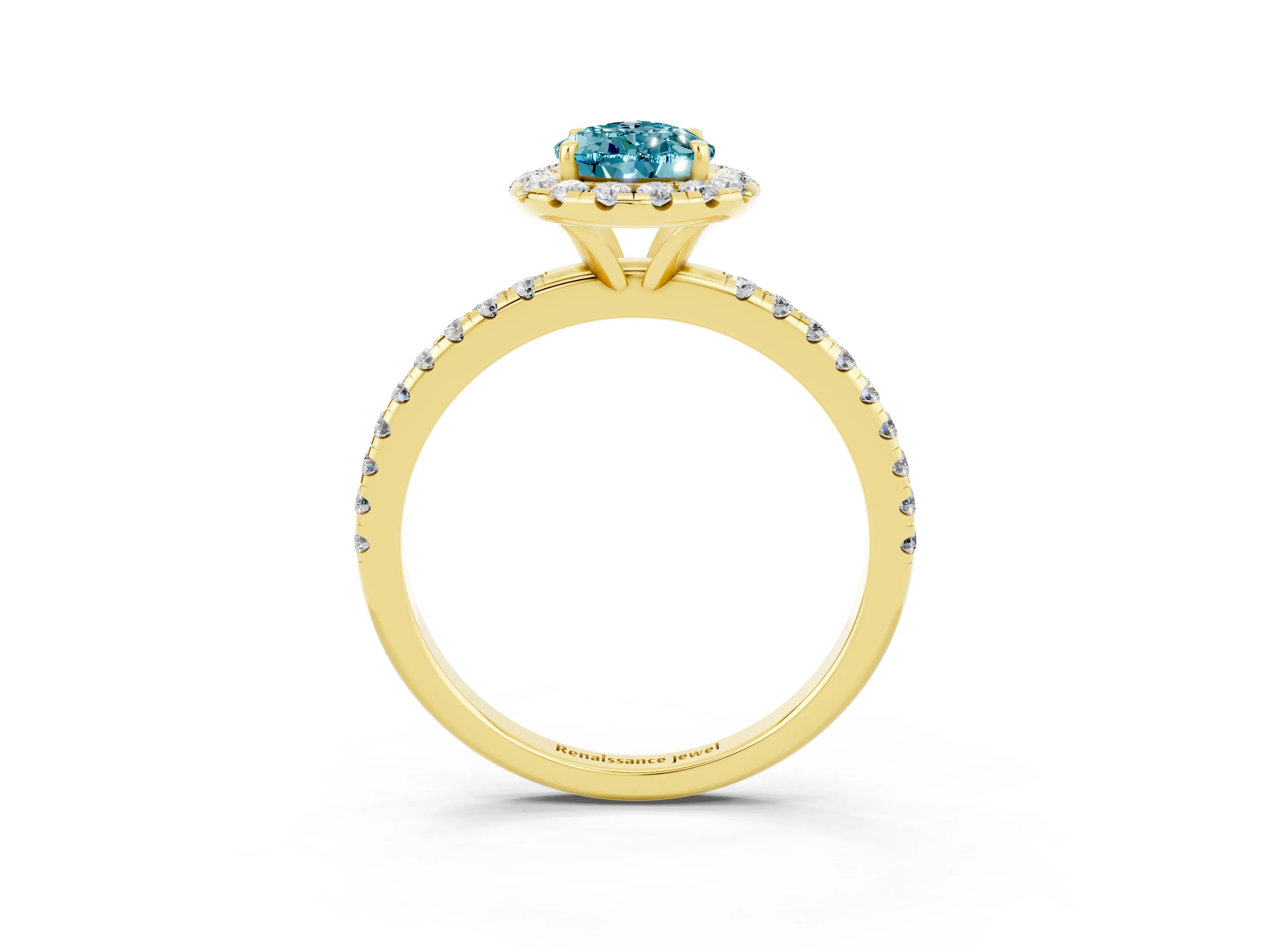 Yellow gold Pear Cut Halo Round Diamond Pavé Band Four-Prong Ring_15