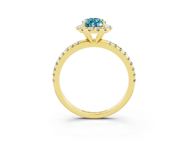 Yellow gold Pear Cut Halo Round Diamond Pavé Band Four-Prong Ring