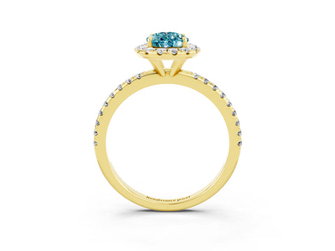 Yellow gold Pear Cut Halo Round Diamond Pavé Band Four-Prong Ring_15