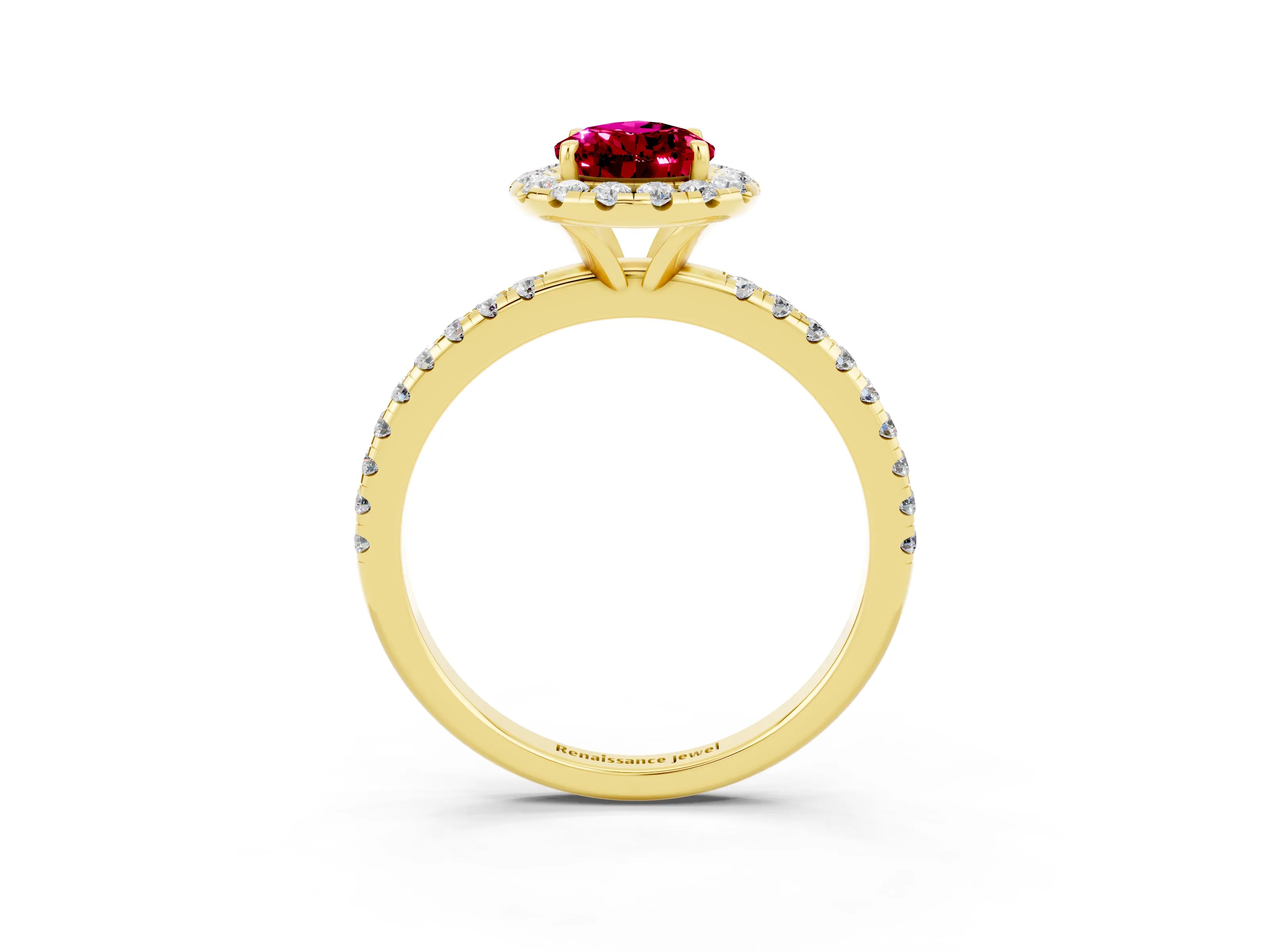 Yellow gold Pear Cut Halo Round Diamond Pavé Band Four-Prong Ring_15