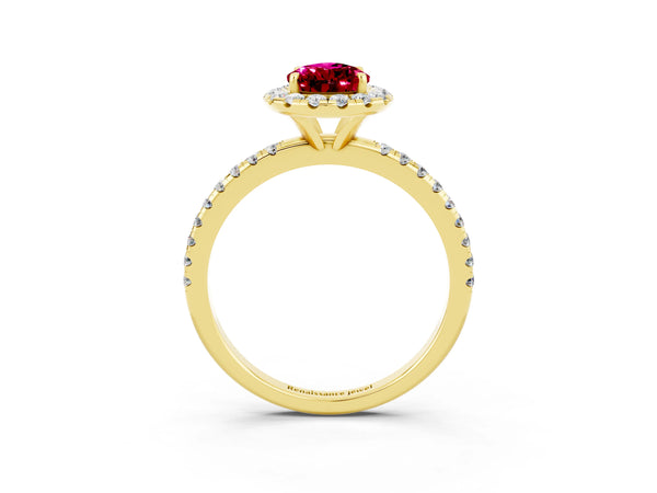 Yellow gold Pear Cut Garnet Halo Ring with Round Pavé Band and Prong Setting