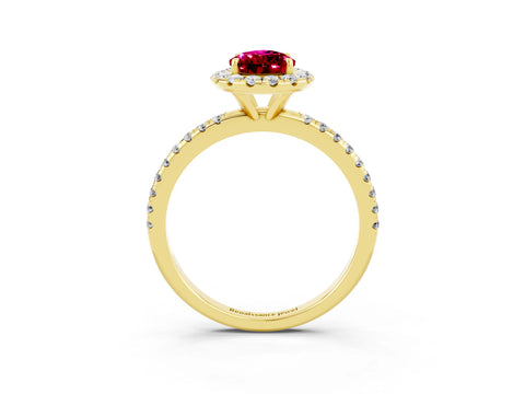 Yellow gold Pear Cut Halo Round Diamond Pavé Band Four-Prong Ring_15