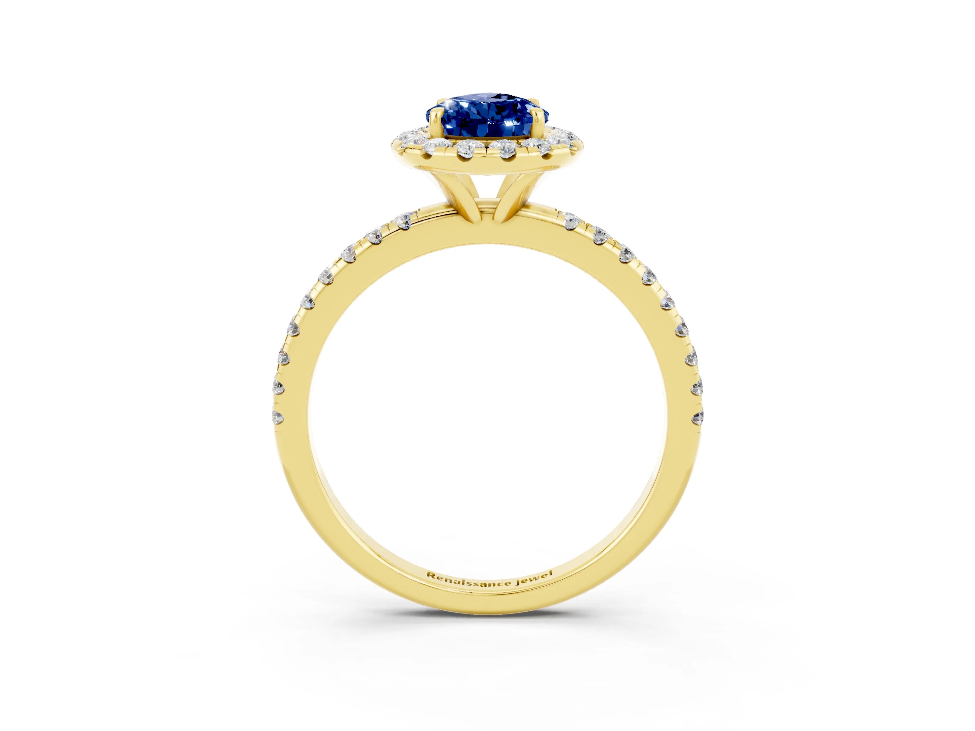 Yellow gold Pear Cut Halo Round Diamond Pavé Band Four-Prong Ring_15