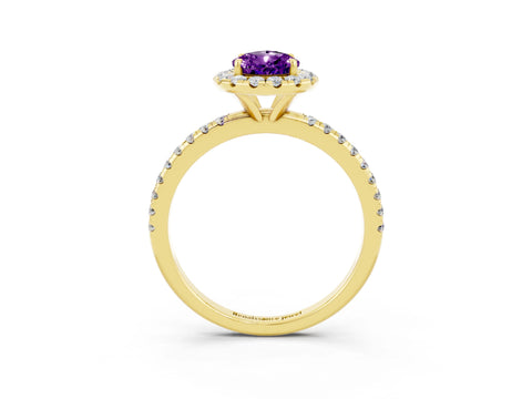 Yellow gold Pear Cut Halo Round Diamond Pavé Band Four-Prong Ring_15