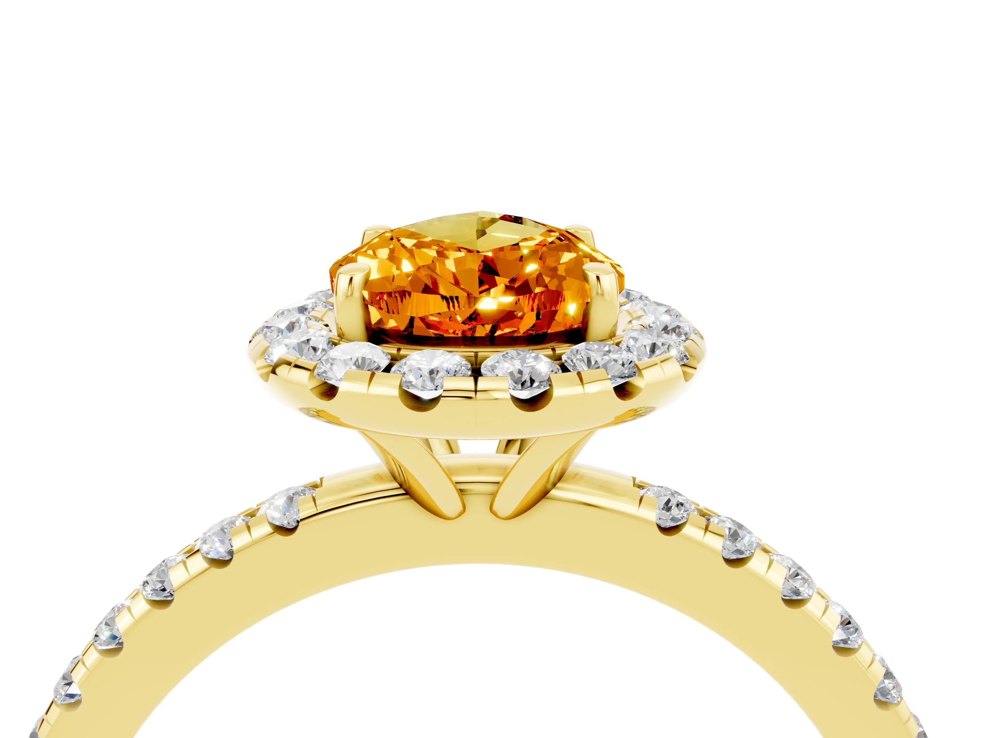 Yellow gold Pear Cut Halo Round Diamond Pavé Band Four-Prong Ring_16