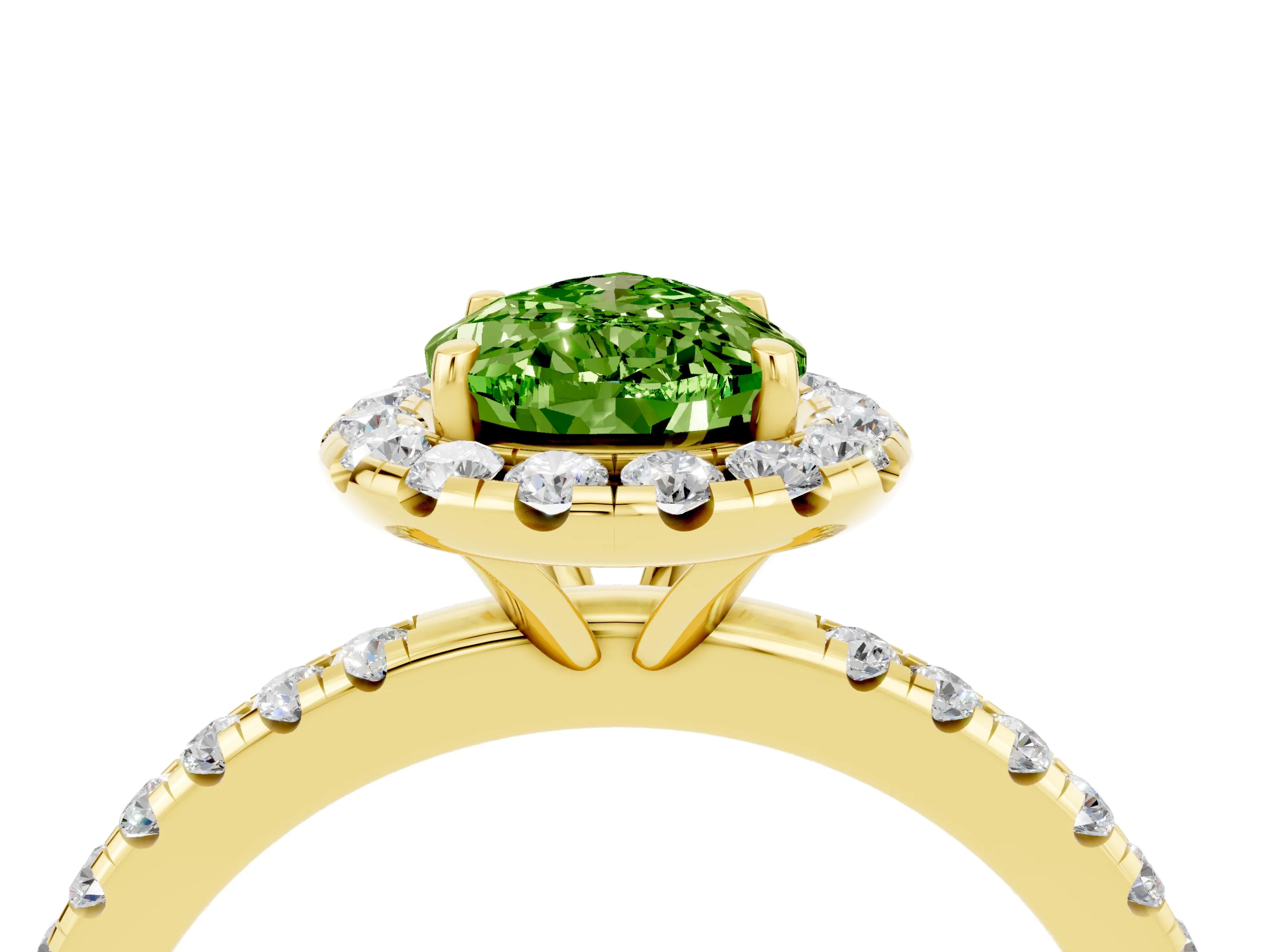 Yellow gold Pear Cut Halo Round Diamond Pavé Band Four-Prong Ring_16