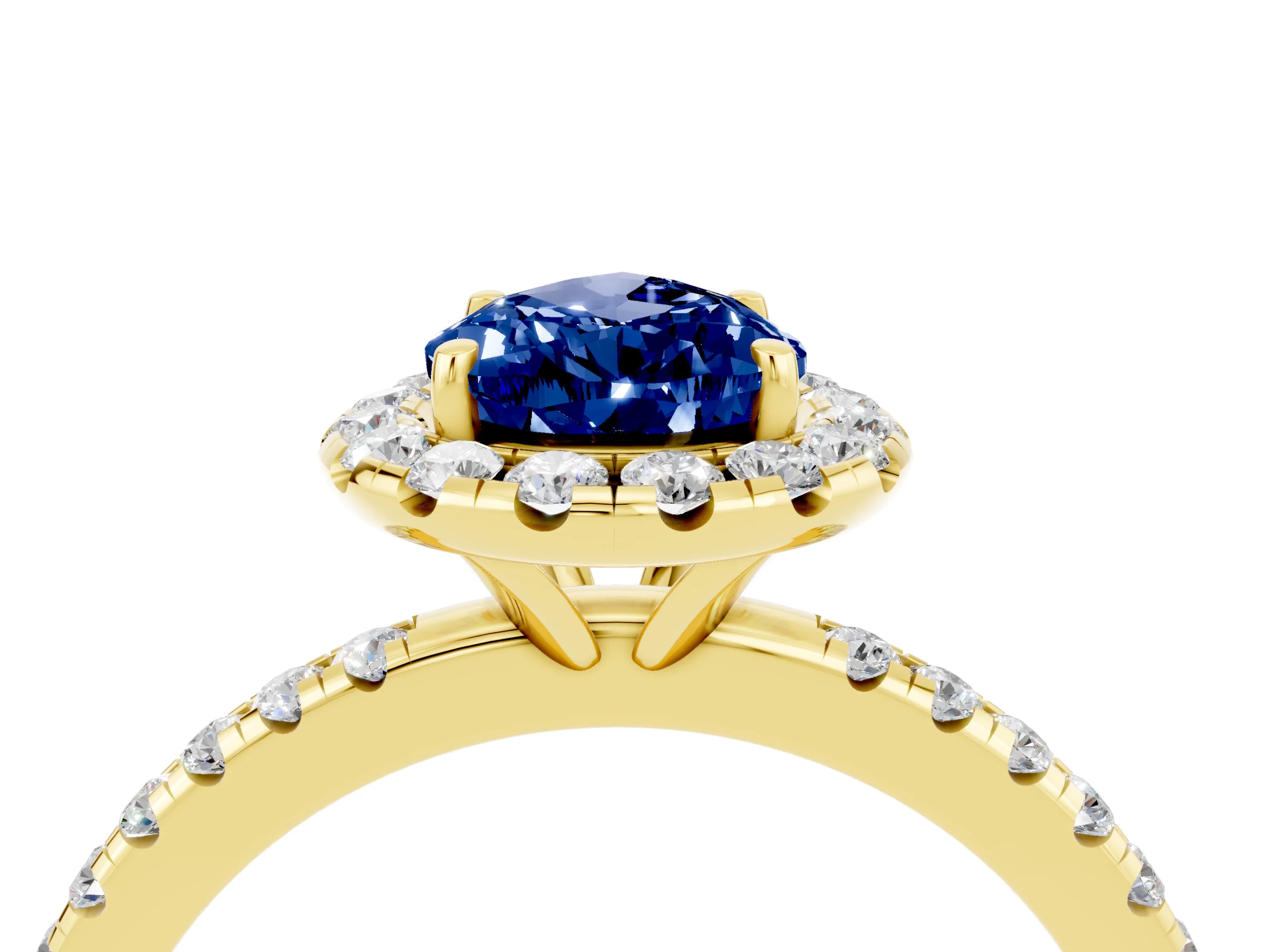 Yellow gold Pear Cut Halo Round Diamond Pavé Band Four-Prong Ring_16