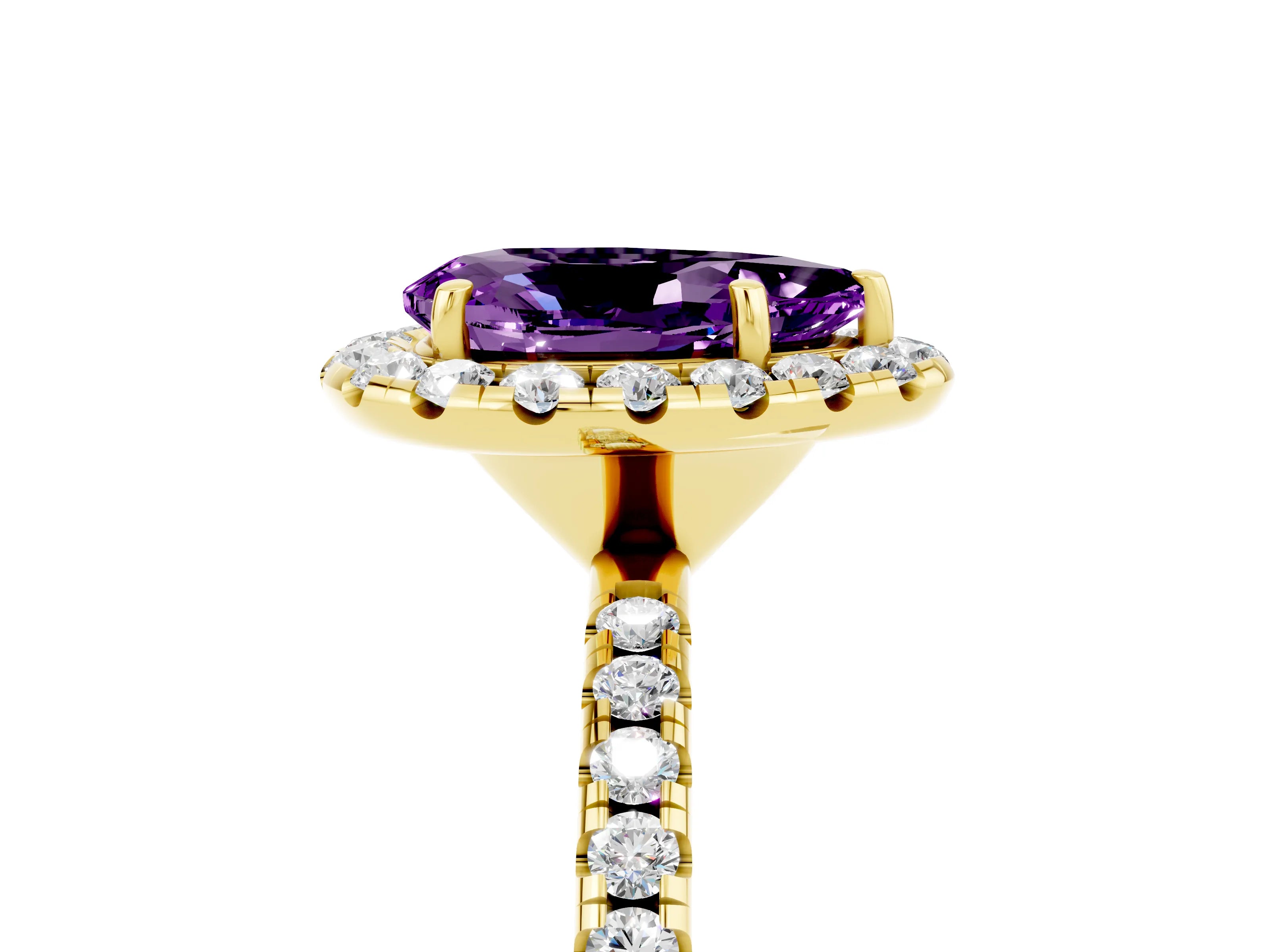 Yellow gold Pear Cut Halo Round Diamond Pavé Band Four-Prong Ring_17