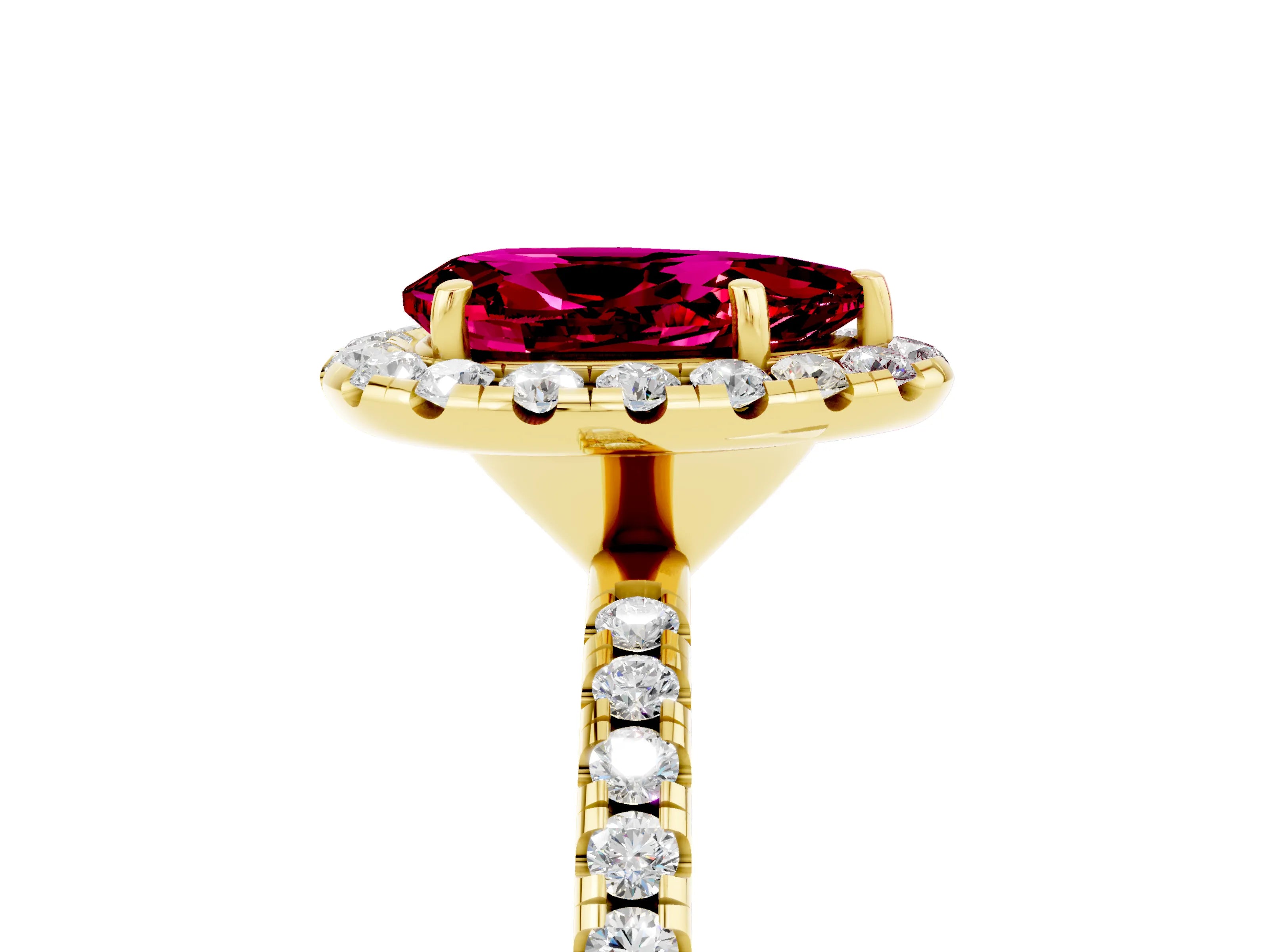 Yellow gold Pear Cut Halo Round Diamond Pavé Band Four-Prong Ring_17