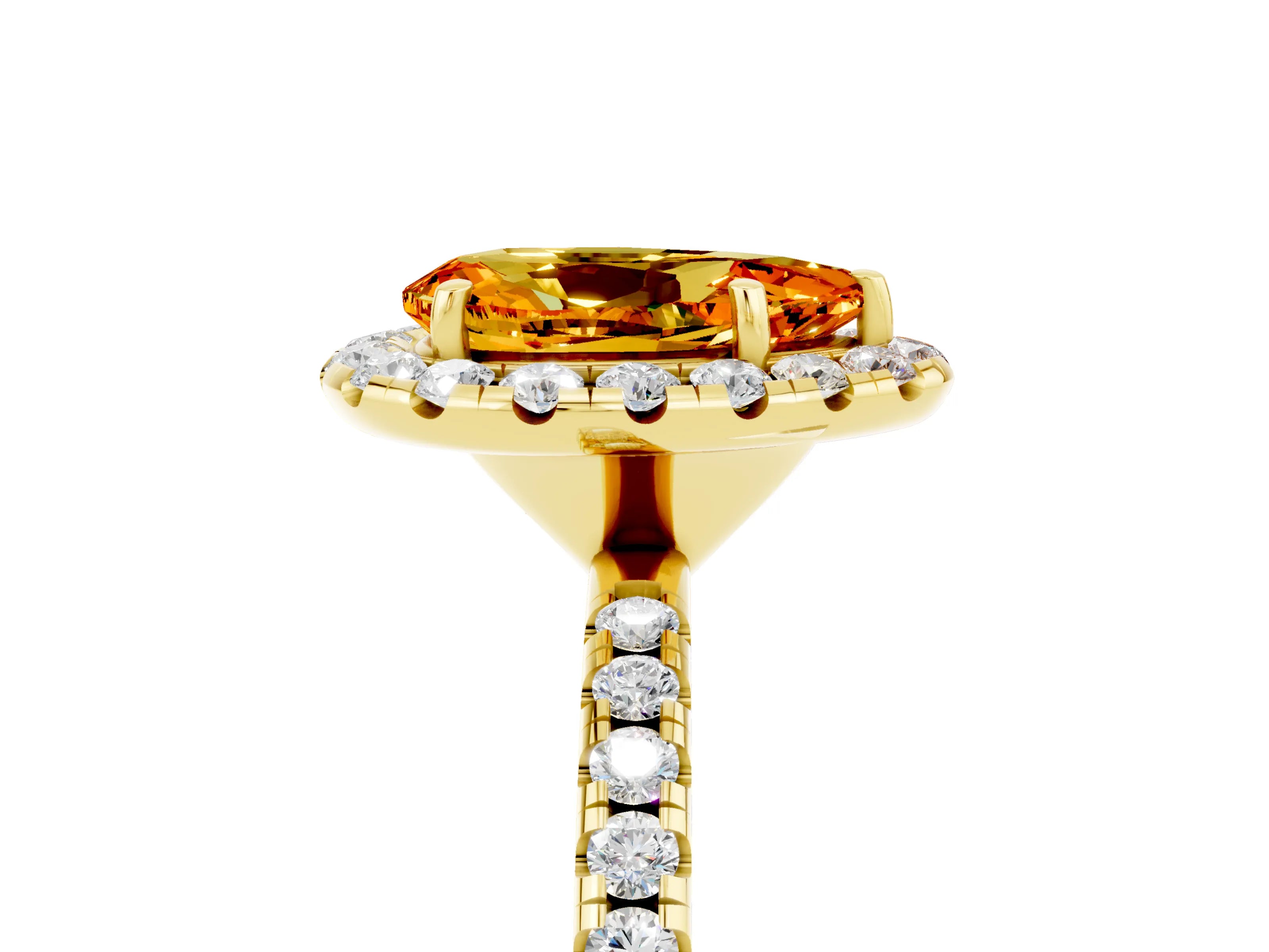 Yellow gold Pear Cut Halo Round Diamond Pavé Band Four-Prong Ring_17