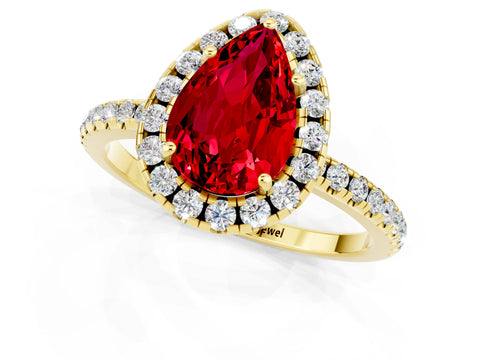 Yellow gold Pear Cut Halo Round Diamond Pavé Band Four-Prong Ring_1