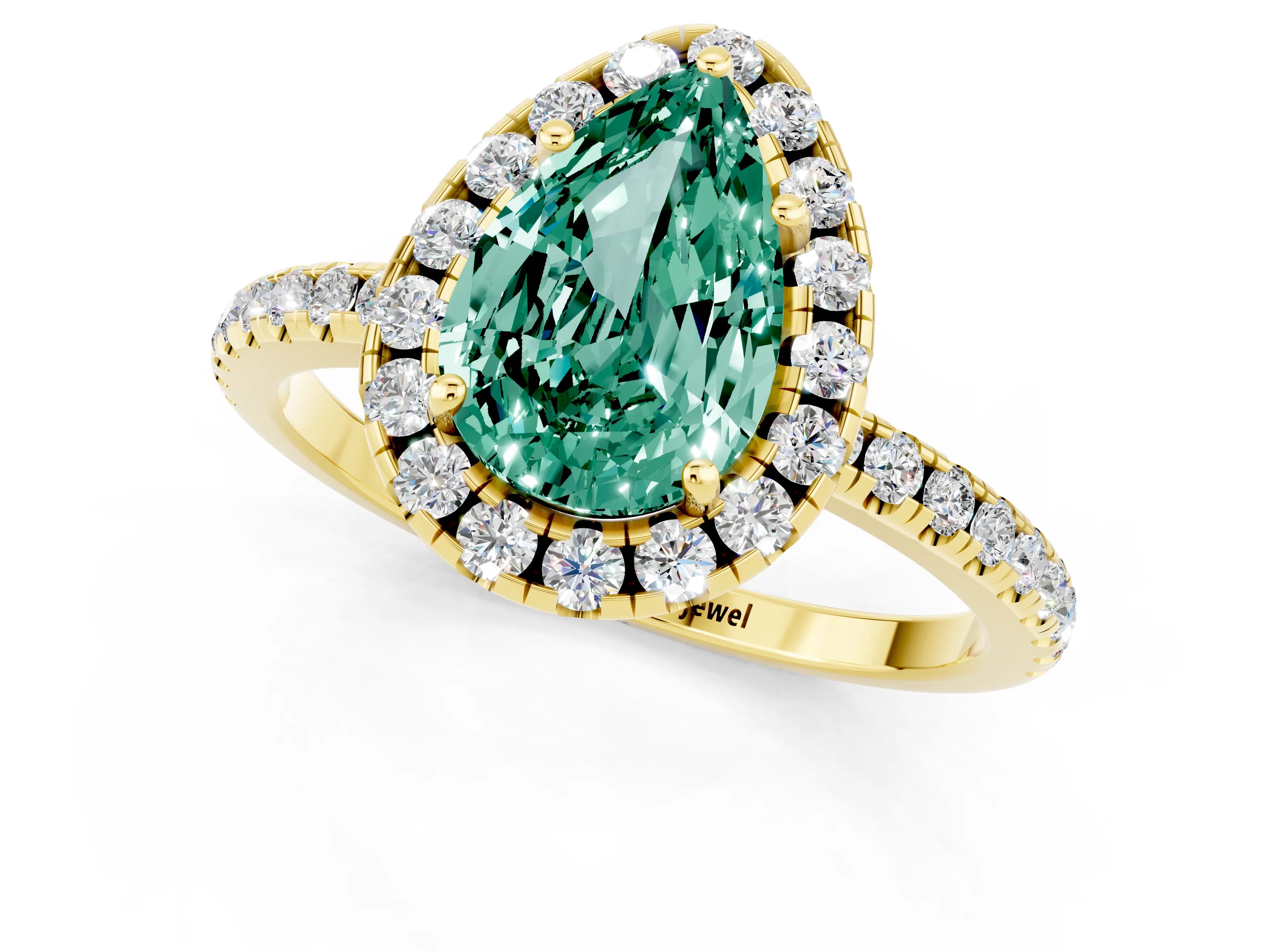 Yellow gold Pear Cut Halo Round Diamond Pavé Band Four-Prong Ring_1
