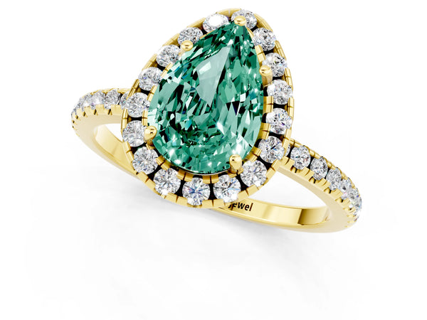 Yellow gold Pear Cut Green Sapphire Halo Ring with Round Pavé Band and Prong Setting