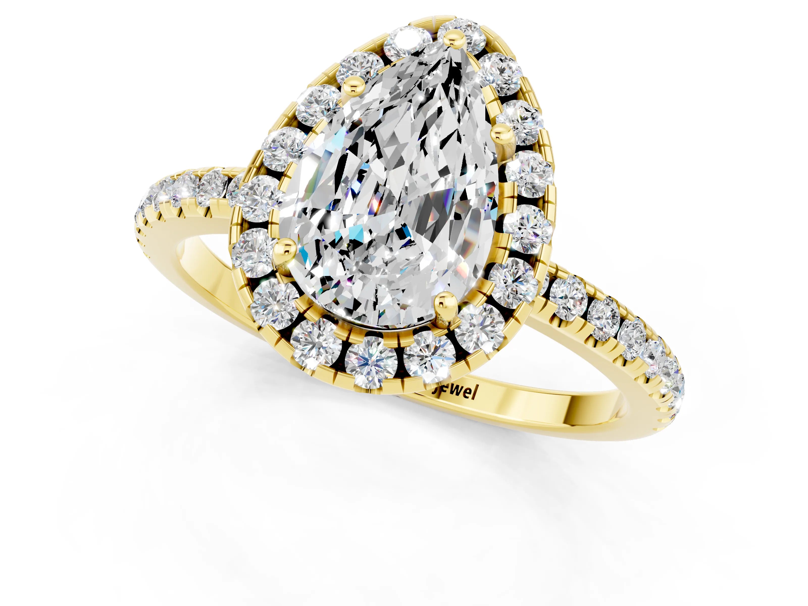 Yellow gold Pear Cut Halo Round Diamond Pavé Band Four-Prong Ring_1