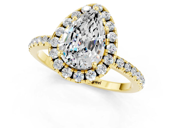 Yellow gold Pear Cut Moissanite Halo Ring with Round Pavé Band and Prong Setting