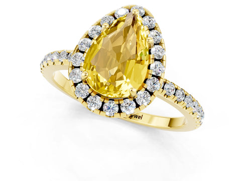 Yellow gold Pear Cut Halo Round Diamond Pavé Band Four-Prong Ring_1