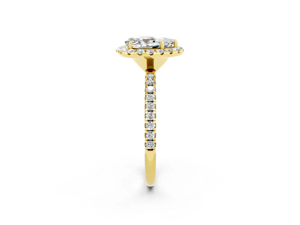 Yellow gold Pear Cut Moissanite Halo Ring with Round Pavé Band and Prong Setting