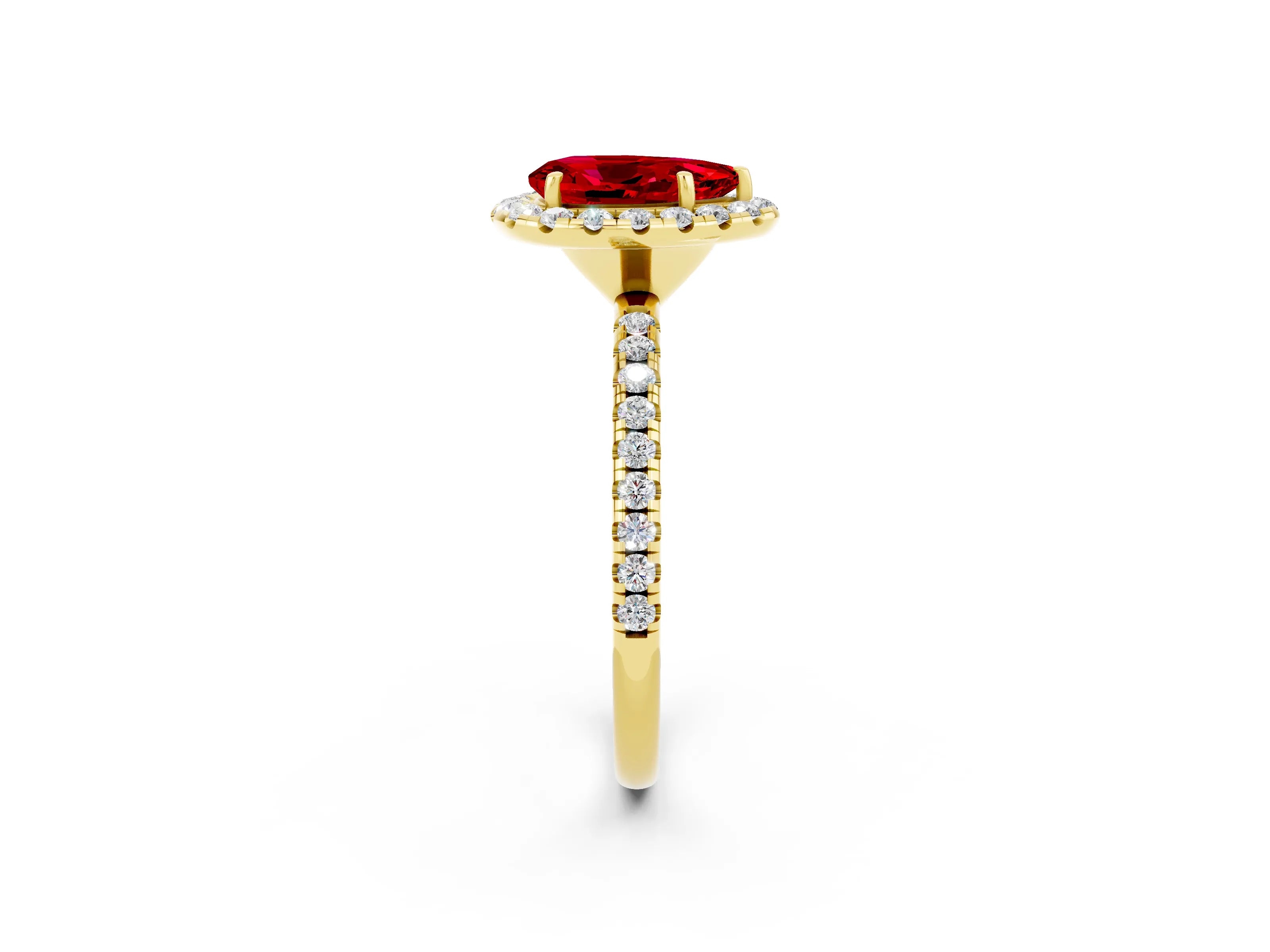 Yellow gold Pear Cut Halo Round Diamond Pavé Band Four-Prong Ring_2