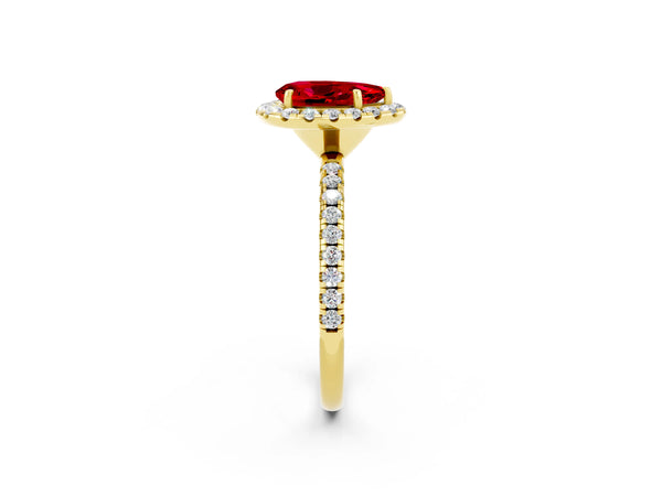 Yellow gold Pear Cut Halo Round Diamond Pavé Band Four-Prong Ring
