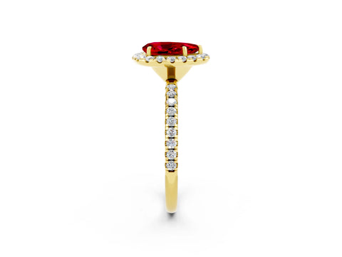 Yellow gold Pear Cut Halo Round Diamond Pavé Band Four-Prong Ring_2
