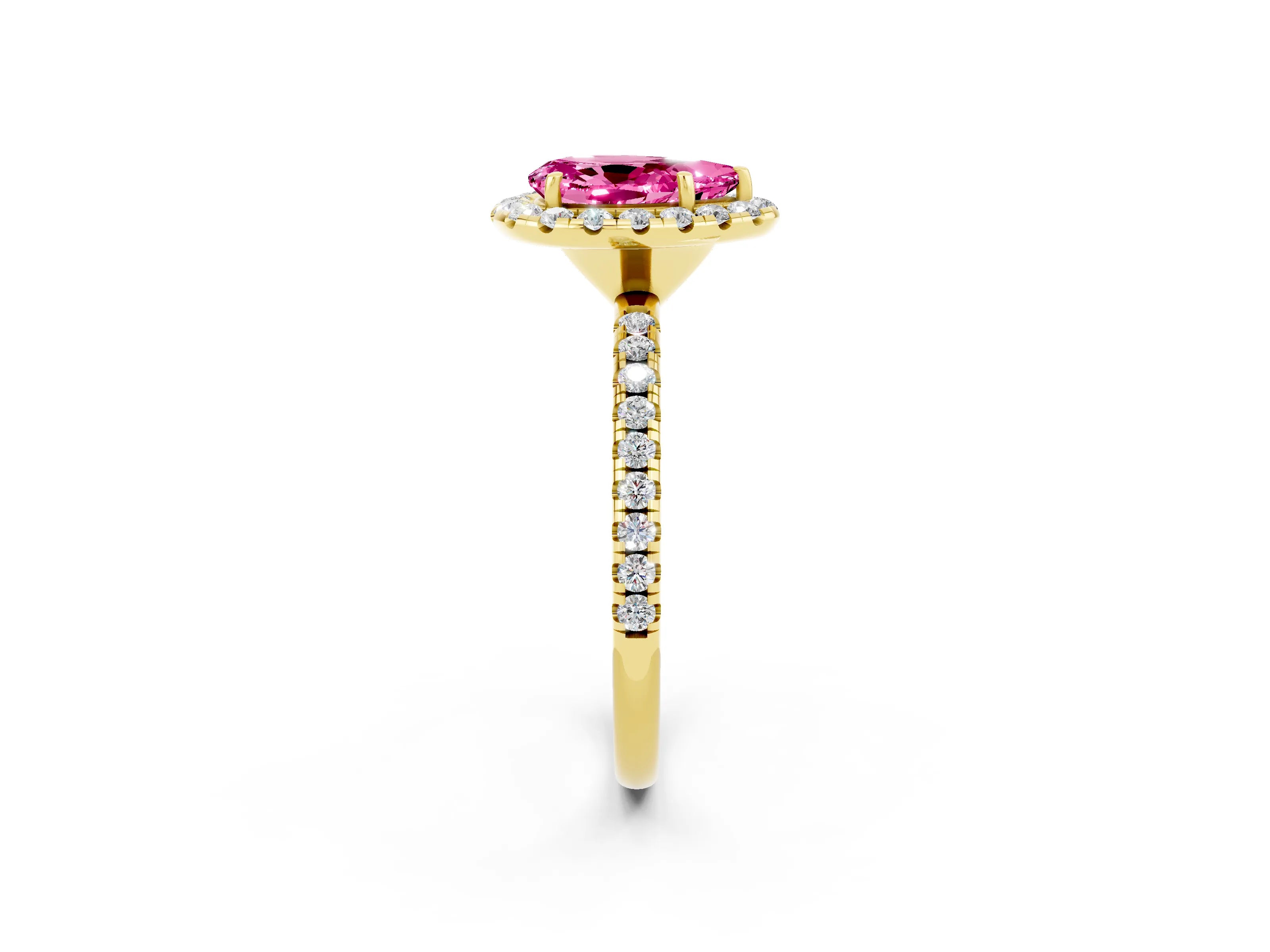 Yellow gold Pear Cut Halo Round Diamond Pavé Band Four-Prong Ring_2