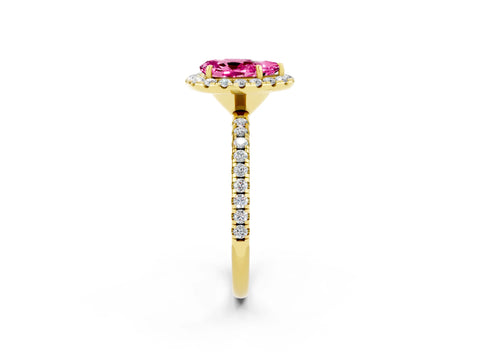 Yellow gold Pear Cut Halo Round Diamond Pavé Band Four-Prong Ring_2