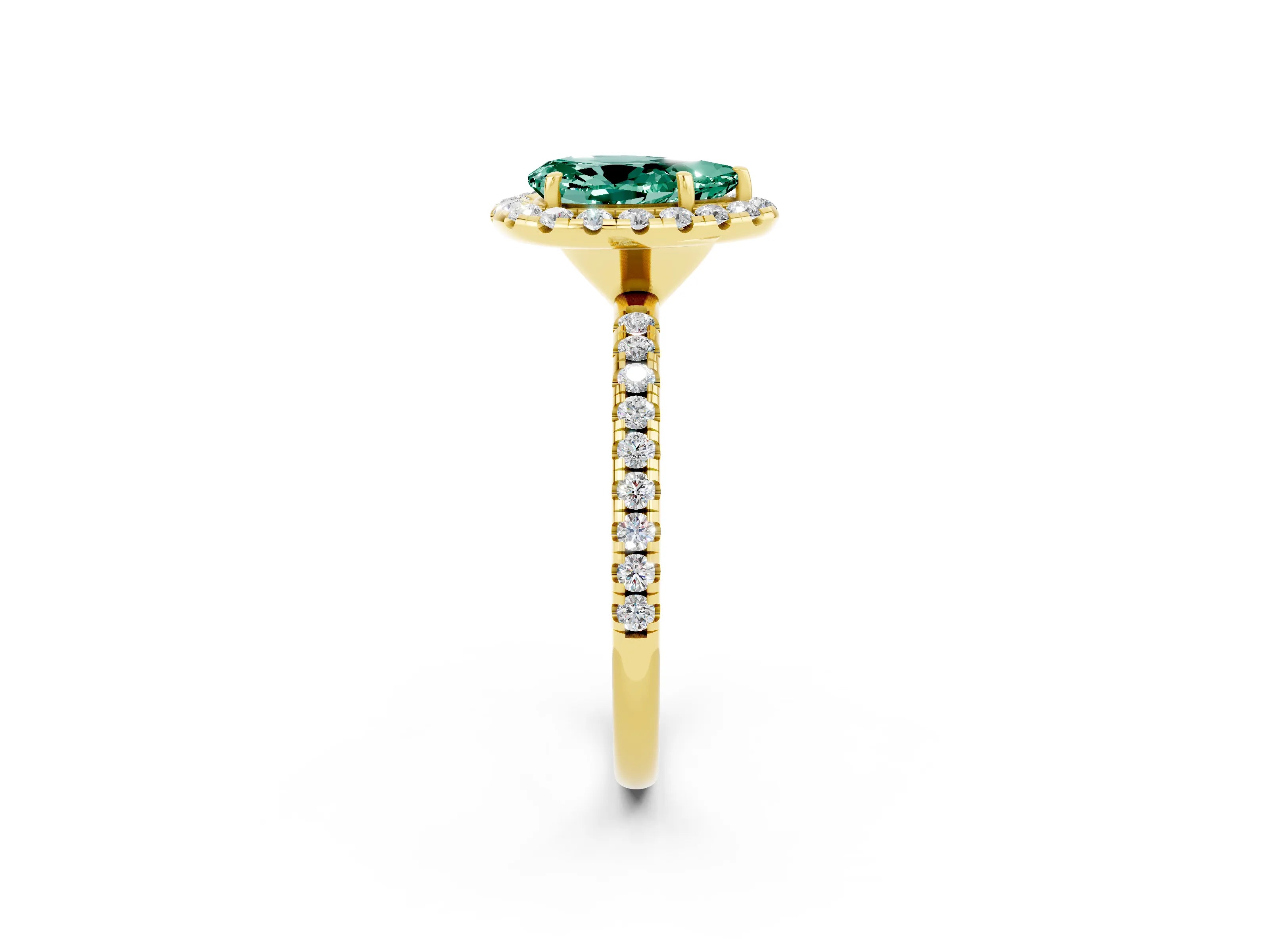 Yellow gold Pear Cut Halo Round Diamond Pavé Band Four-Prong Ring_2