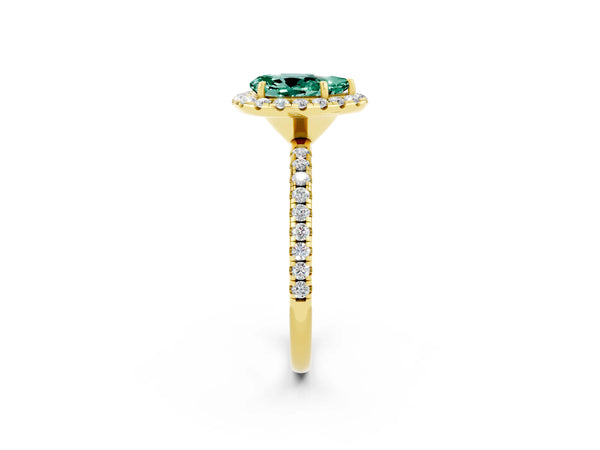 Yellow gold Pear Cut Green Sapphire Halo Ring with Round Pavé Band and Prong Setting