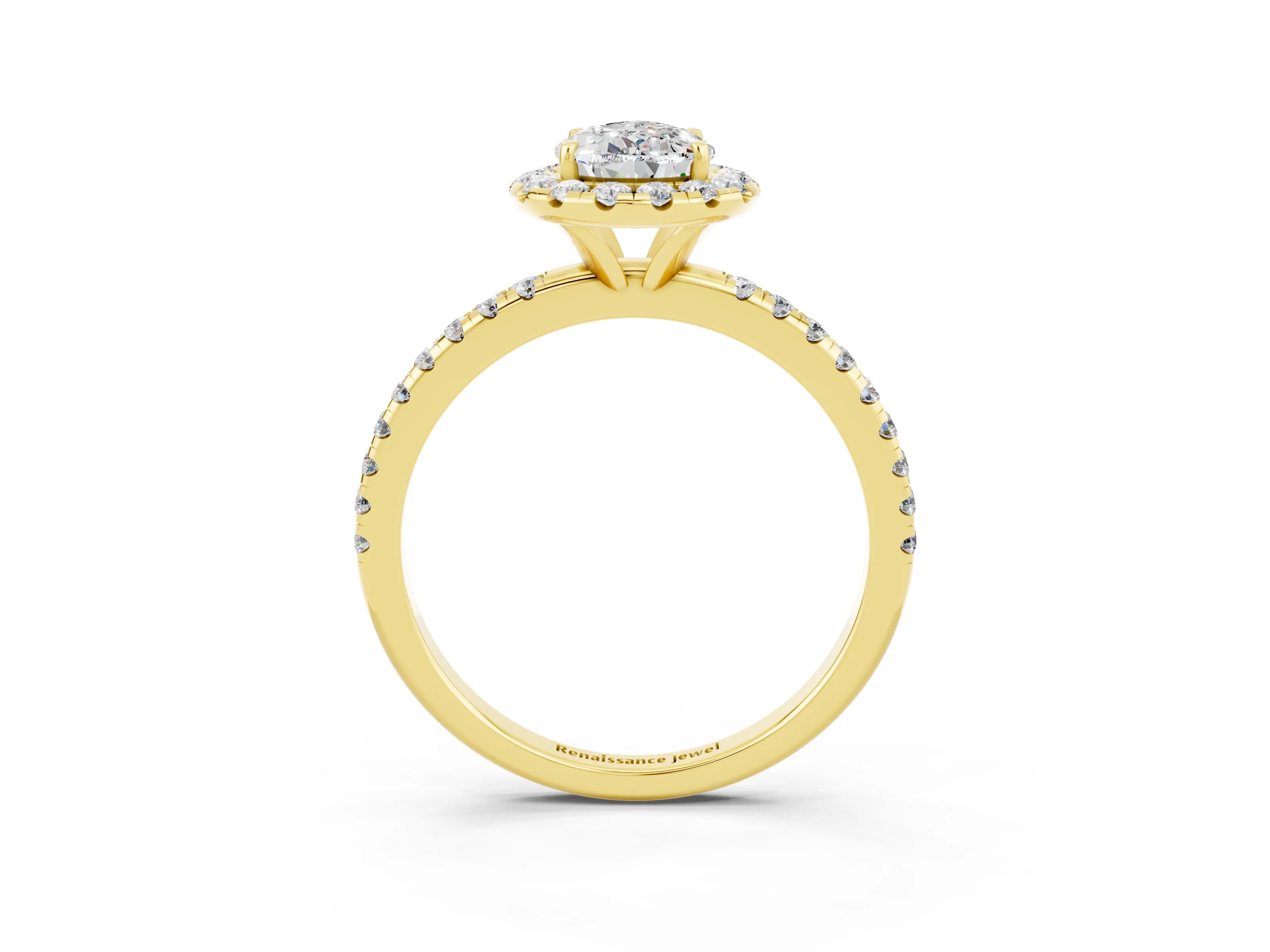 Yellow gold Pear Cut Halo Round Diamond Pavé Band Four-Prong Ring_3