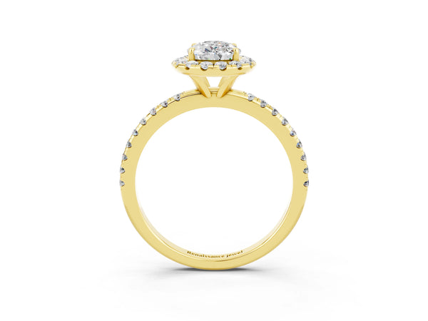 Yellow gold Pear Cut Moissanite Halo Ring with Round Pavé Band and Prong Setting