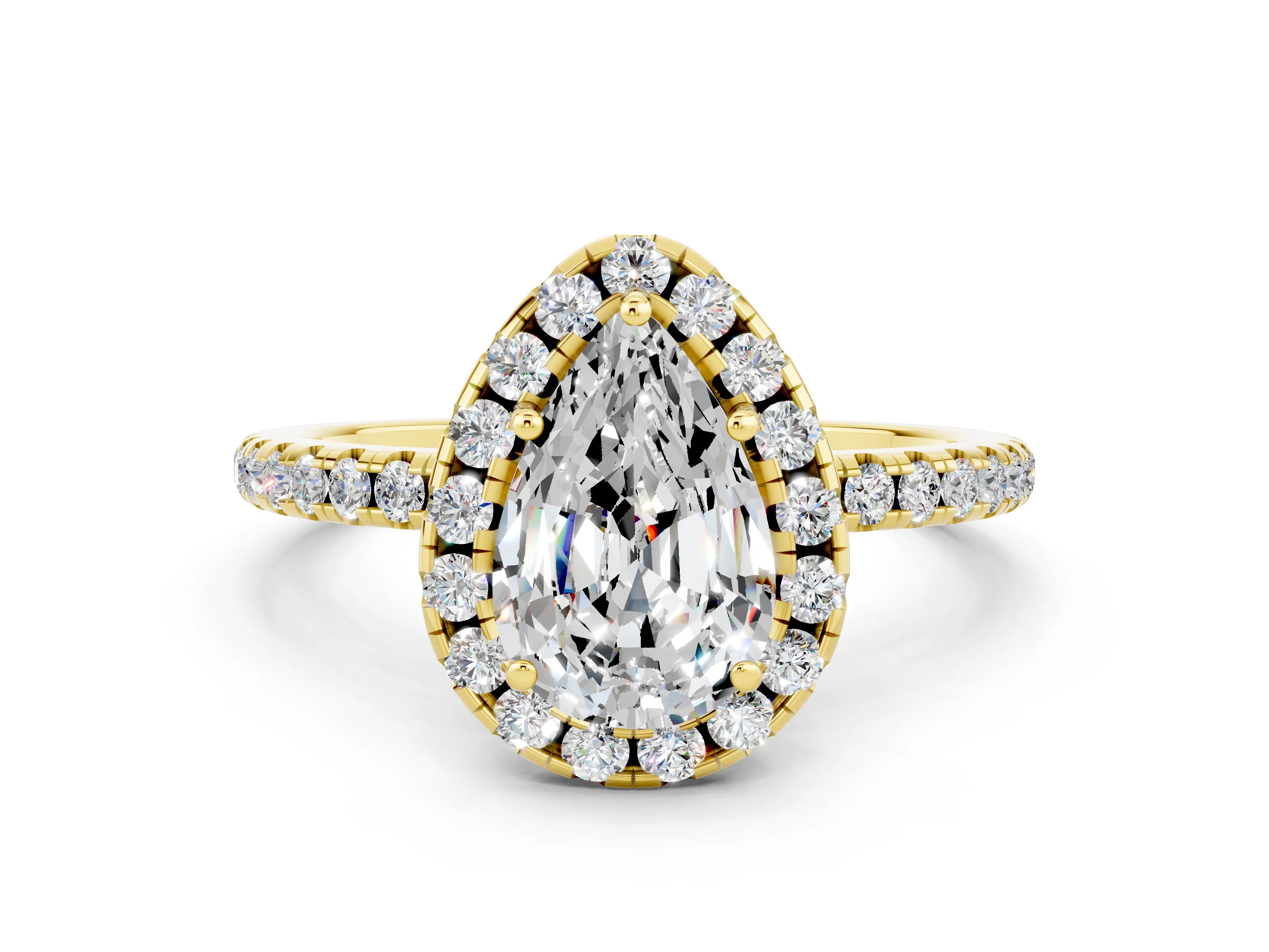 Yellow gold Pear Cut Halo Round Diamond Pavé Band Four-Prong Ring