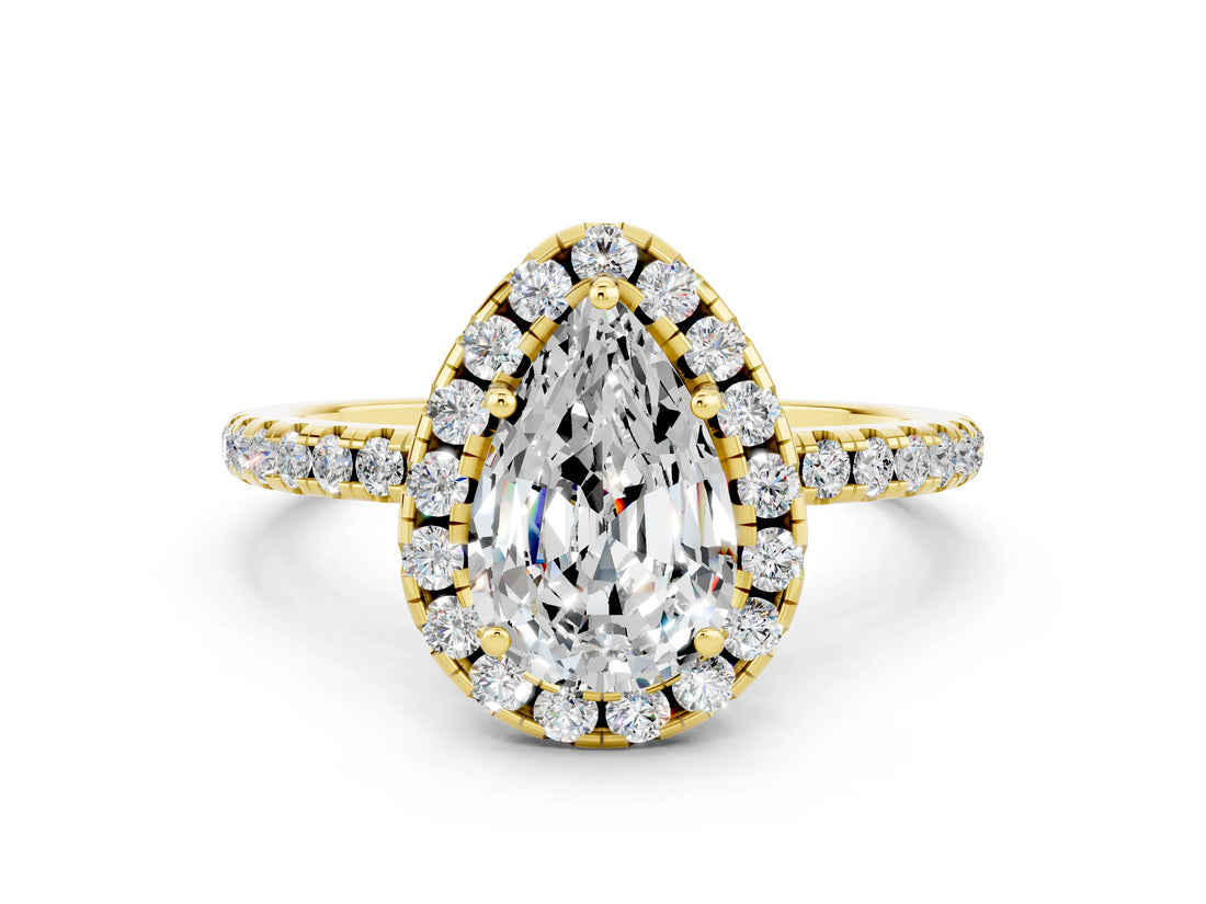 Yellow gold Pear Cut Halo Round Diamond Pavé Band Four-Prong Ring