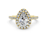 Yellow gold Pear Cut Halo Round Diamond Pavé Band Four-Prong Ring