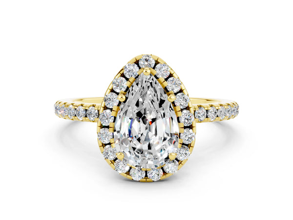 Yellow gold Pear Cut Moissanite Halo Ring with Round Pavé Band and Prong Setting