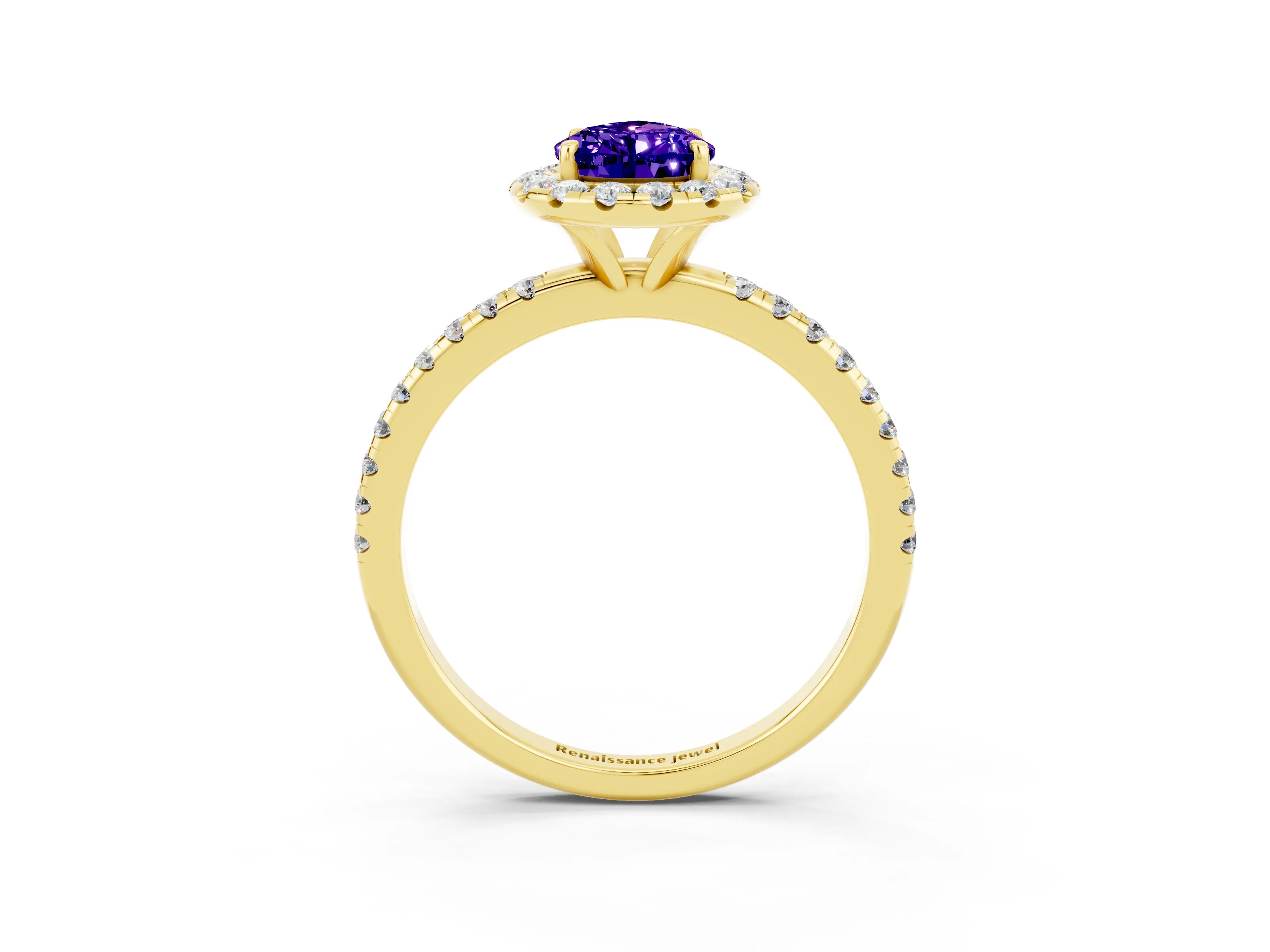 Yellow gold Pear Cut Halo Round Diamond Pavé Band Four-Prong Ring_3