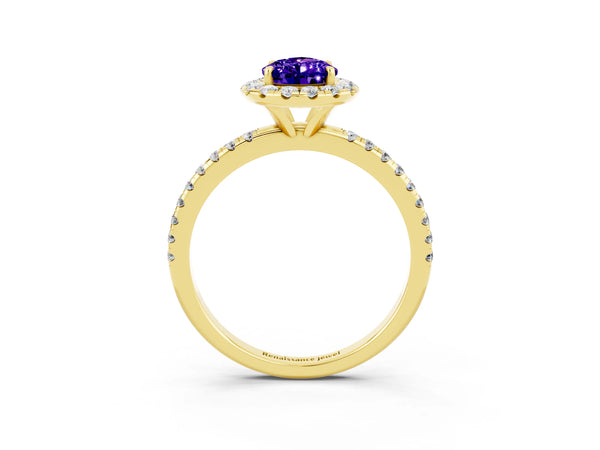Yellow gold Pear Cut Tanzanite Halo Ring with Round Pavé Band and Prong Setting