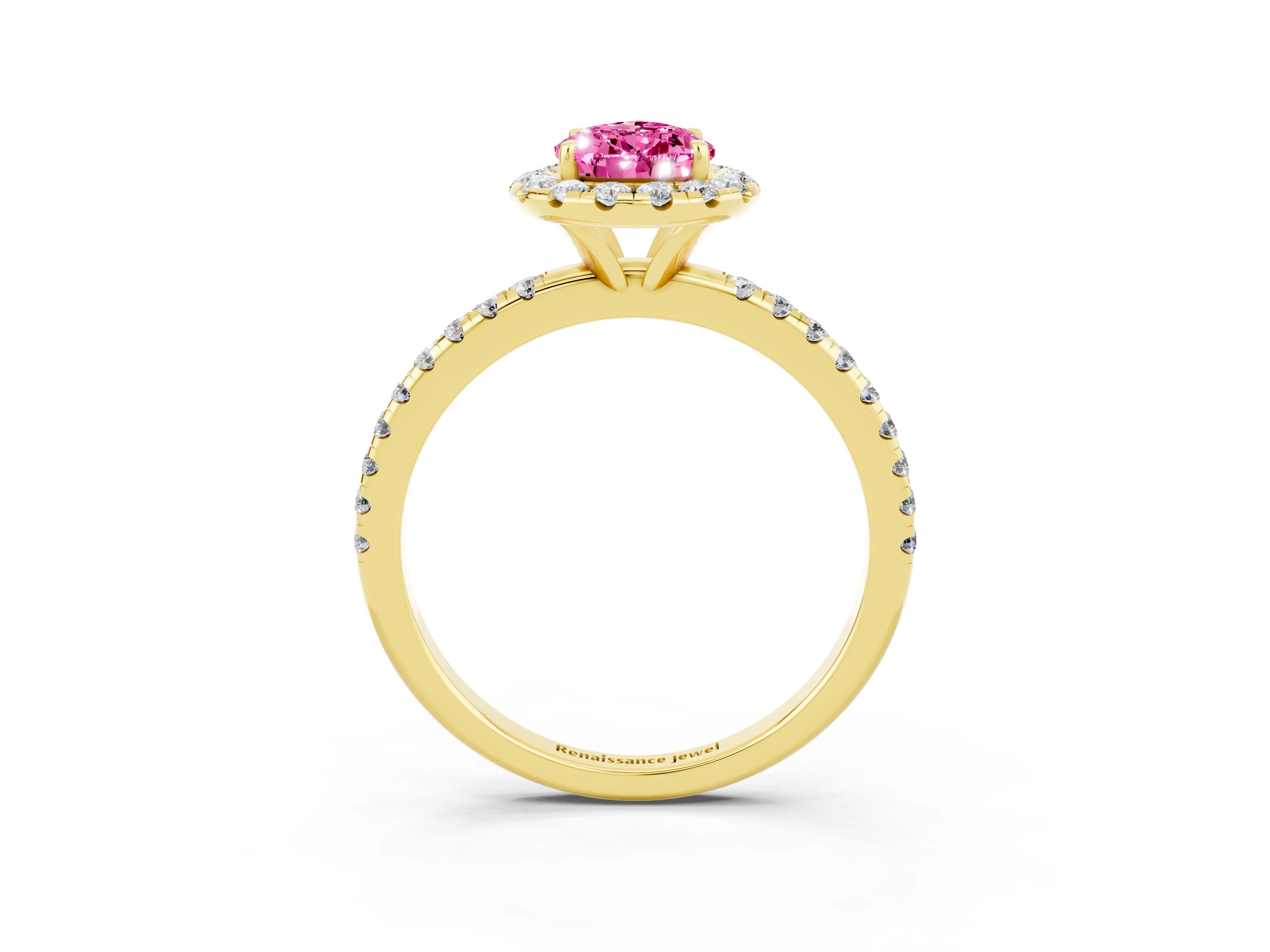 Yellow gold Pear Cut Halo Round Diamond Pavé Band Four-Prong Ring_3