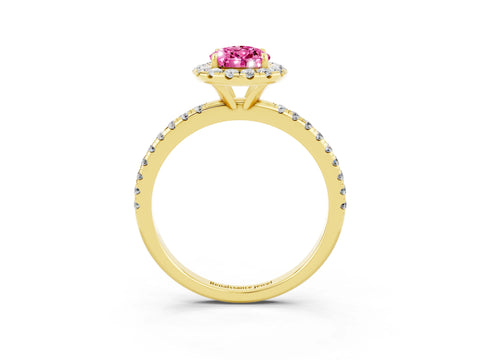 Yellow gold Pear Cut Halo Round Diamond Pavé Band Four-Prong Ring_3