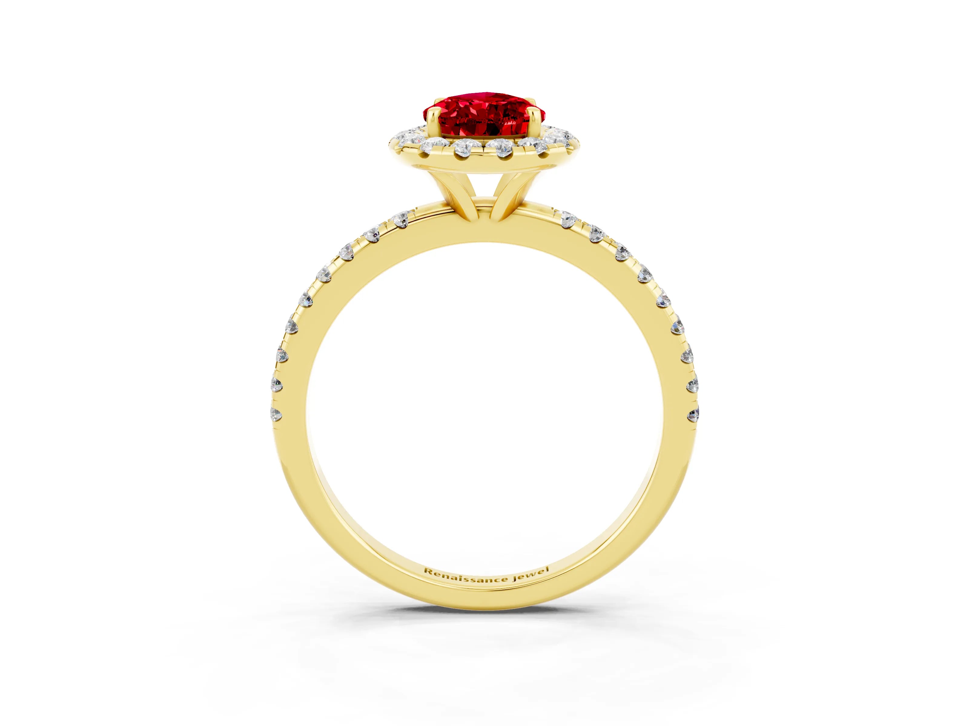 Yellow gold Pear Cut Halo Round Diamond Pavé Band Four-Prong Ring_3