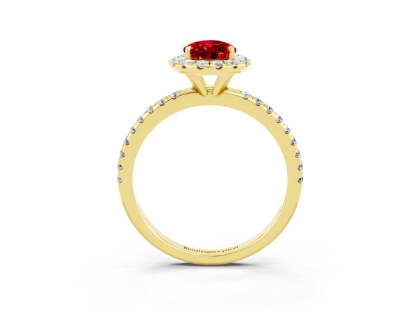 Yellow gold Pear Cut Halo Round Diamond Pavé Band Four-Prong Ring